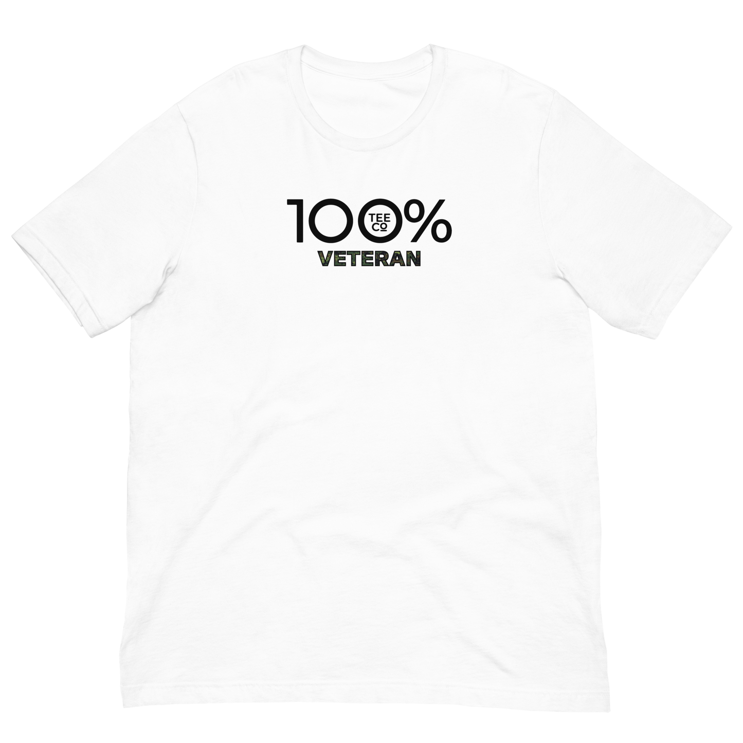 White t-shirt with '100% Veteran' text on a white background
