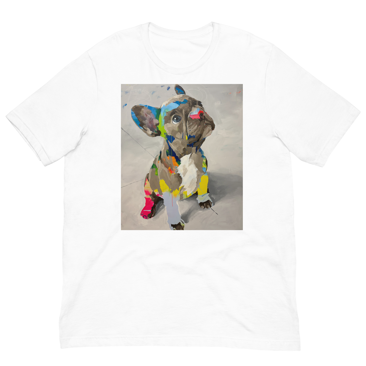 A white short-sleeve crewneck t-shirt featuring a square graphic print of a colorful, abstractly painted French Bulldog on the front, displayed against a solid white background. Daniel Maltzman artist. 
