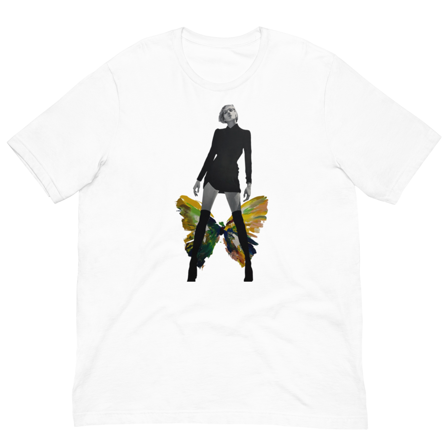 A white short-sleeve crewneck t-shirt featuring a graphic print of a woman in a black outfit with colorful butterfly wings, displayed on a clean white background. Daniel Maltzman artist.