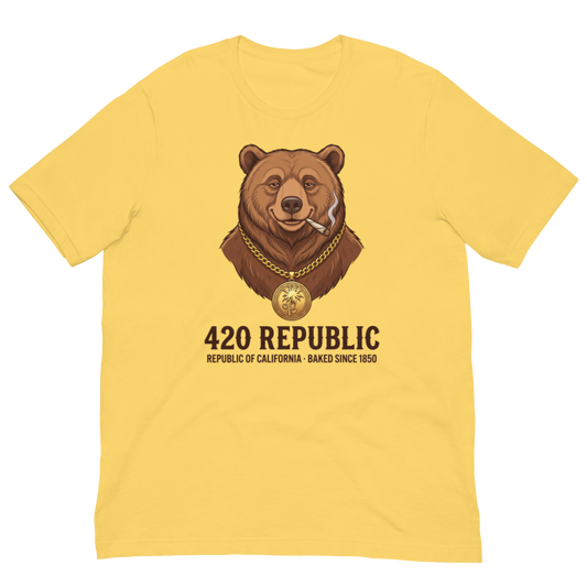 A yellow short-sleeve crewneck t-shirt featuring a graphic of a brown grizzly bear wearing a gold chain and smoking a cigarette, with the text '420 REPUBLIC' and 'REPUBLIC OF CALIFORNIA - BAKED SINCE 1960' printed below.