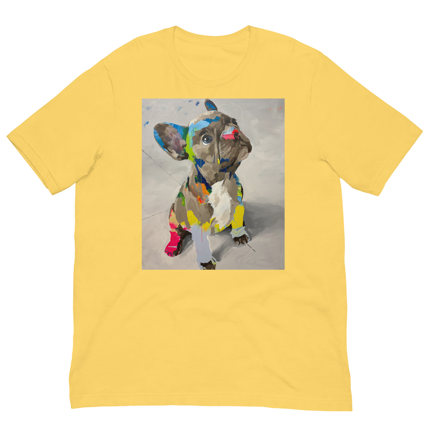 A yellow short-sleeve crewneck t-shirt featuring a square graphic print of a colorful, abstractly painted French Bulldog on the front, displayed against a solid white background. Daniel Maltzman artist. 