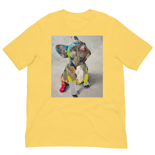 A yellow short-sleeve crewneck t-shirt featuring a square graphic print of a colorful, abstractly painted French Bulldog on the front, displayed against a solid white background. Daniel Maltzman artist. 