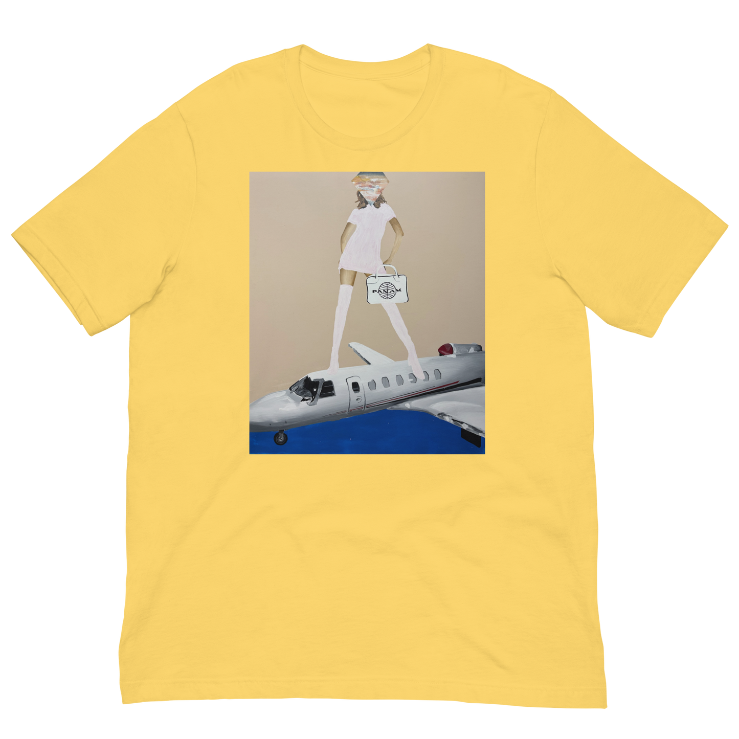 A yellow short-sleeve crewneck t-shirt featuring a central graphic print of a woman with long white legs walking on top of a small white airplane against a beige background. Daniel Maltzman artist.