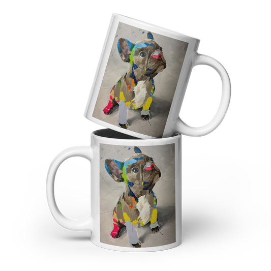 Two white ceramic mugs stacked with a French bulldog illustration printed on the side, shown on a clean white background. Daniel Maltzman artist.
