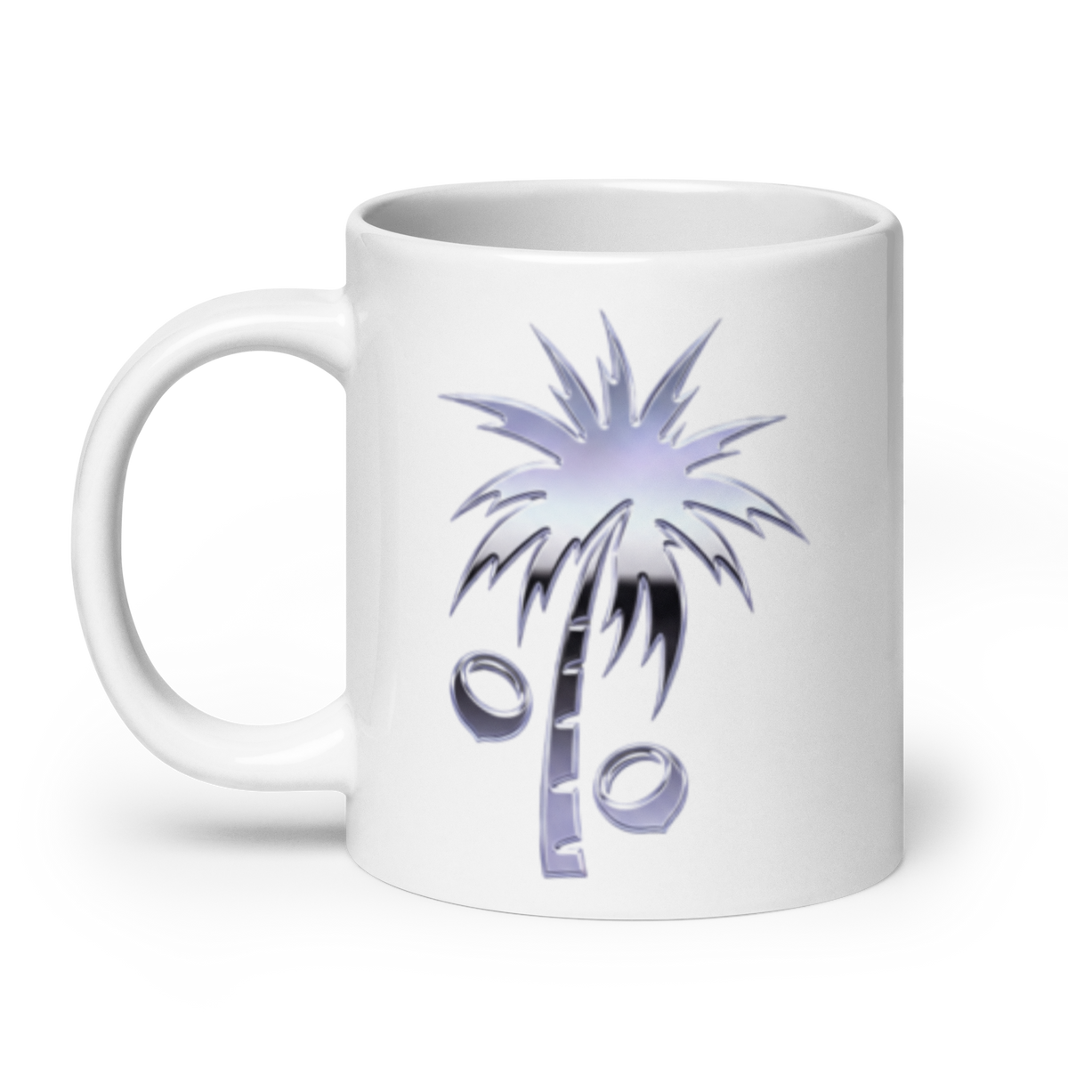A white ceramic coffee mug featuring a stylized palm tree graphic with a percentage sign integrated into the trunk and leaves, printed in a metallic silver Y2K style.