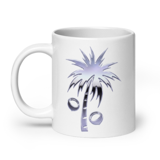 A white ceramic coffee mug featuring a stylized palm tree graphic with a percentage sign integrated into the trunk and leaves, printed in a metallic silver Y2K style.