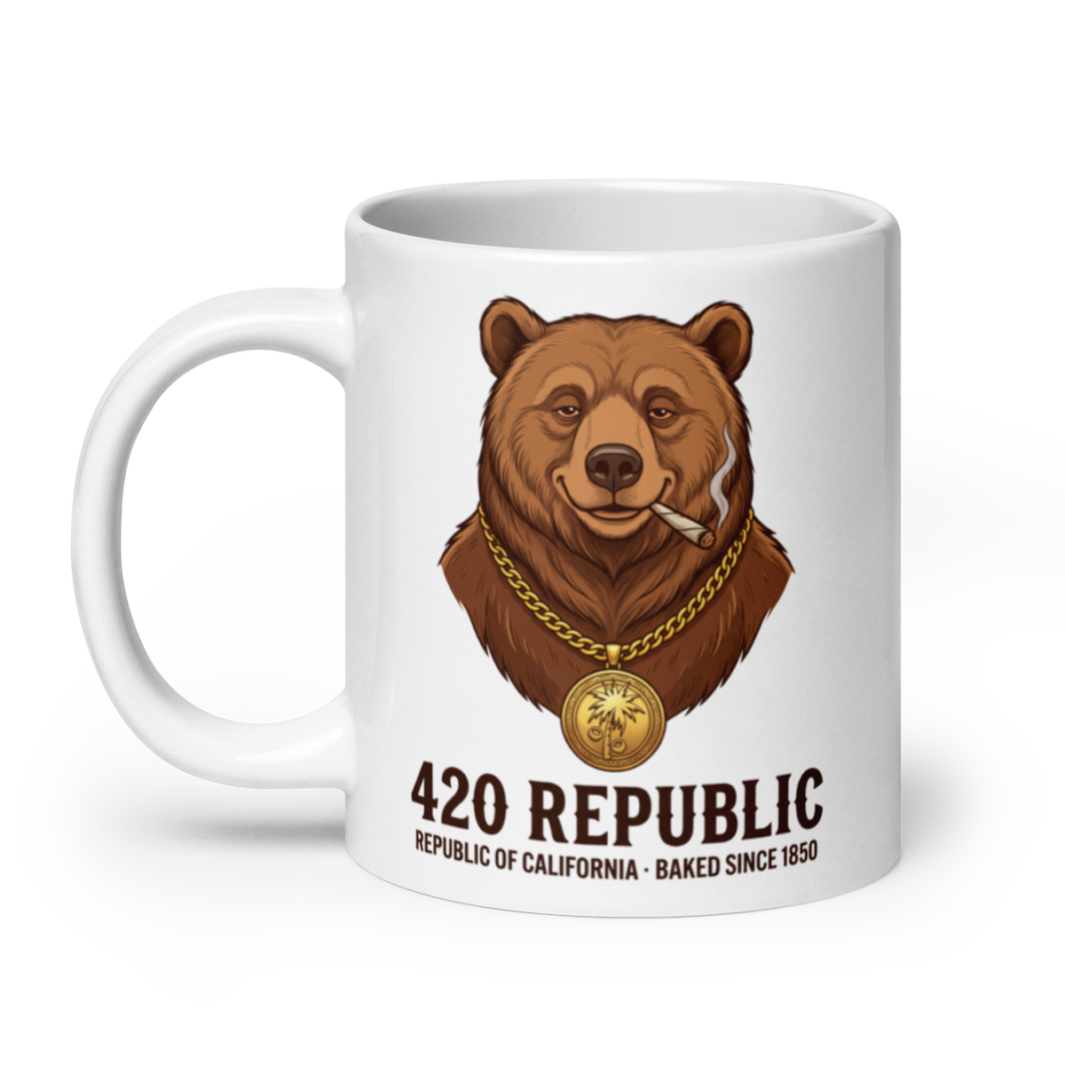 A white ceramic mug featuring a graphic of a brown grizzly bear wearing a gold chain and medallion, smoking a joint with the text '420 REPUBLIC' and 'REPUBLIC OF CALIFORNIA - BAKED SINCE 1860' printed below.