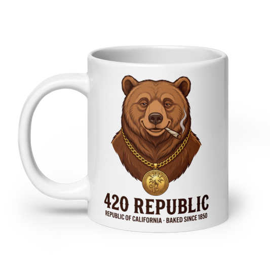 A white ceramic mug featuring a graphic of a brown grizzly bear wearing a gold chain and medallion, smoking a joint with the text '420 REPUBLIC' and 'REPUBLIC OF CALIFORNIA - BAKED SINCE 1860' printed below.