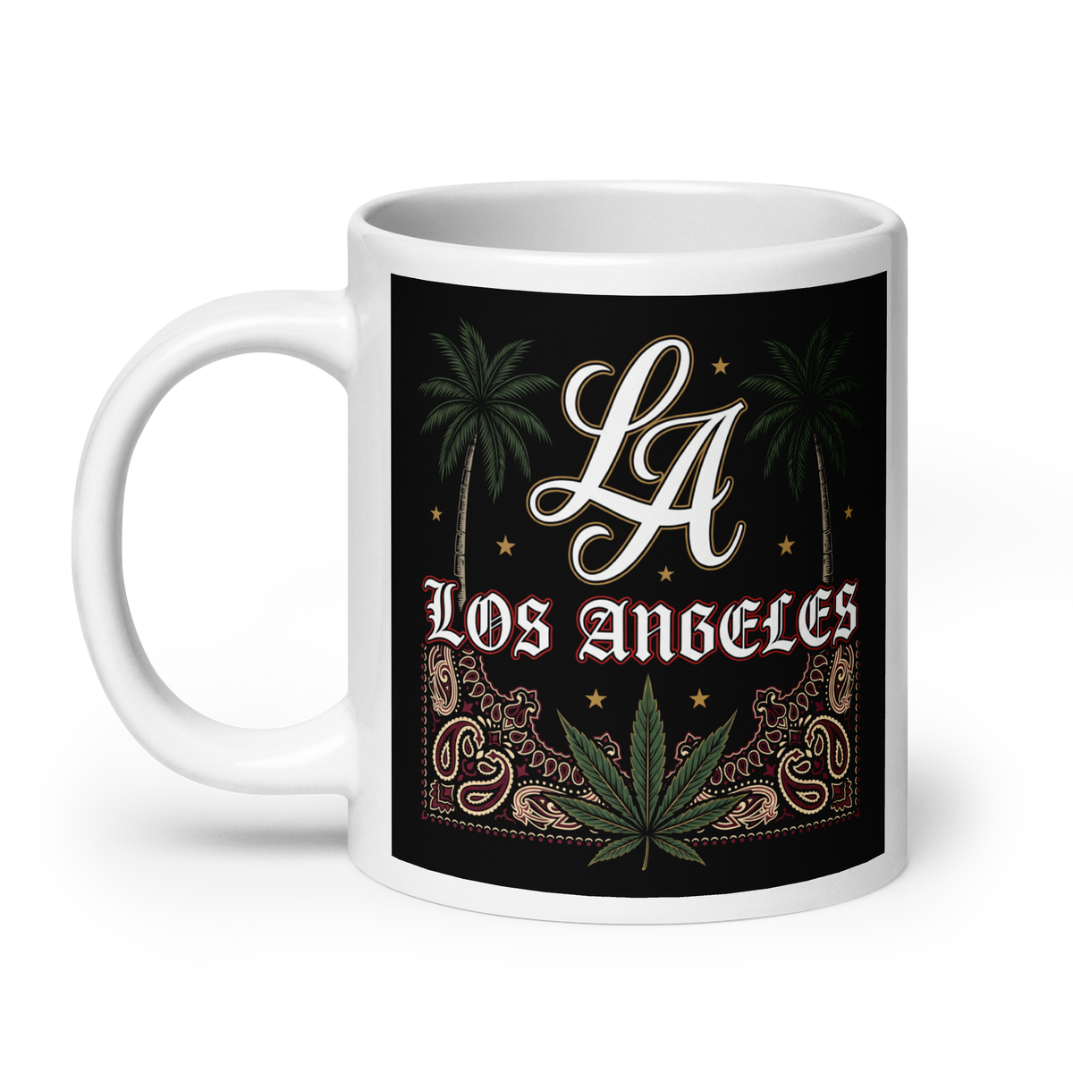 A white ceramic mug with a black wrap-around graphic featuring the text 'LA Los Angeles' in white, green palm trees, a green cannabis leaf, and ornate gold decorative elements on a black background.