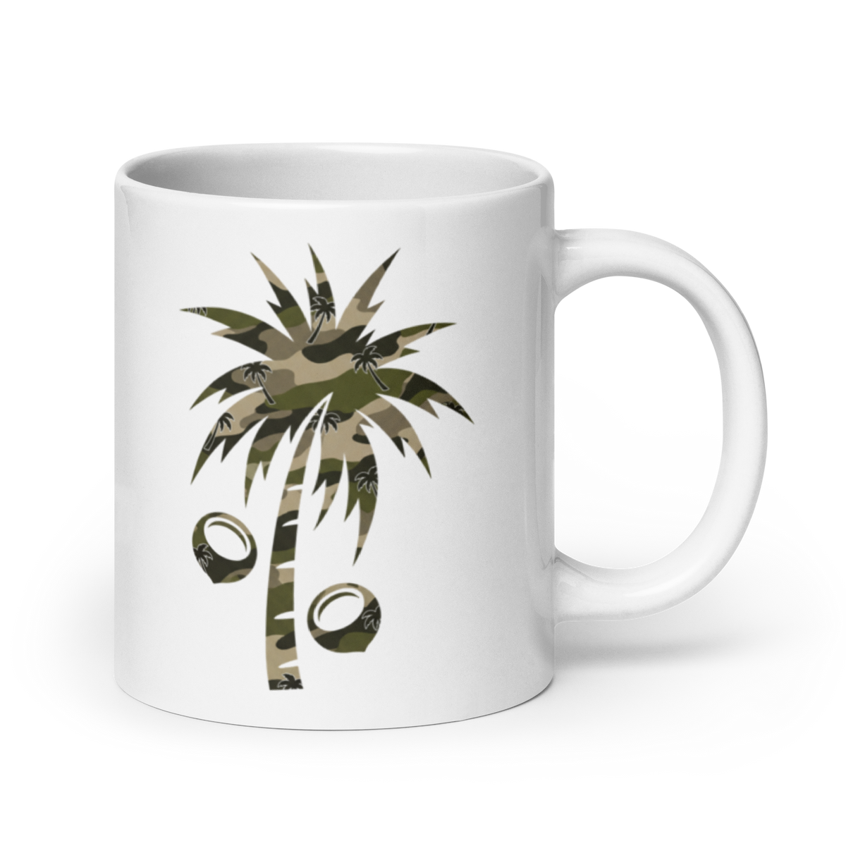 A white ceramic mug featuring a graphic of a palm tree with coconut shells in its leaves, shown against a plain white background.