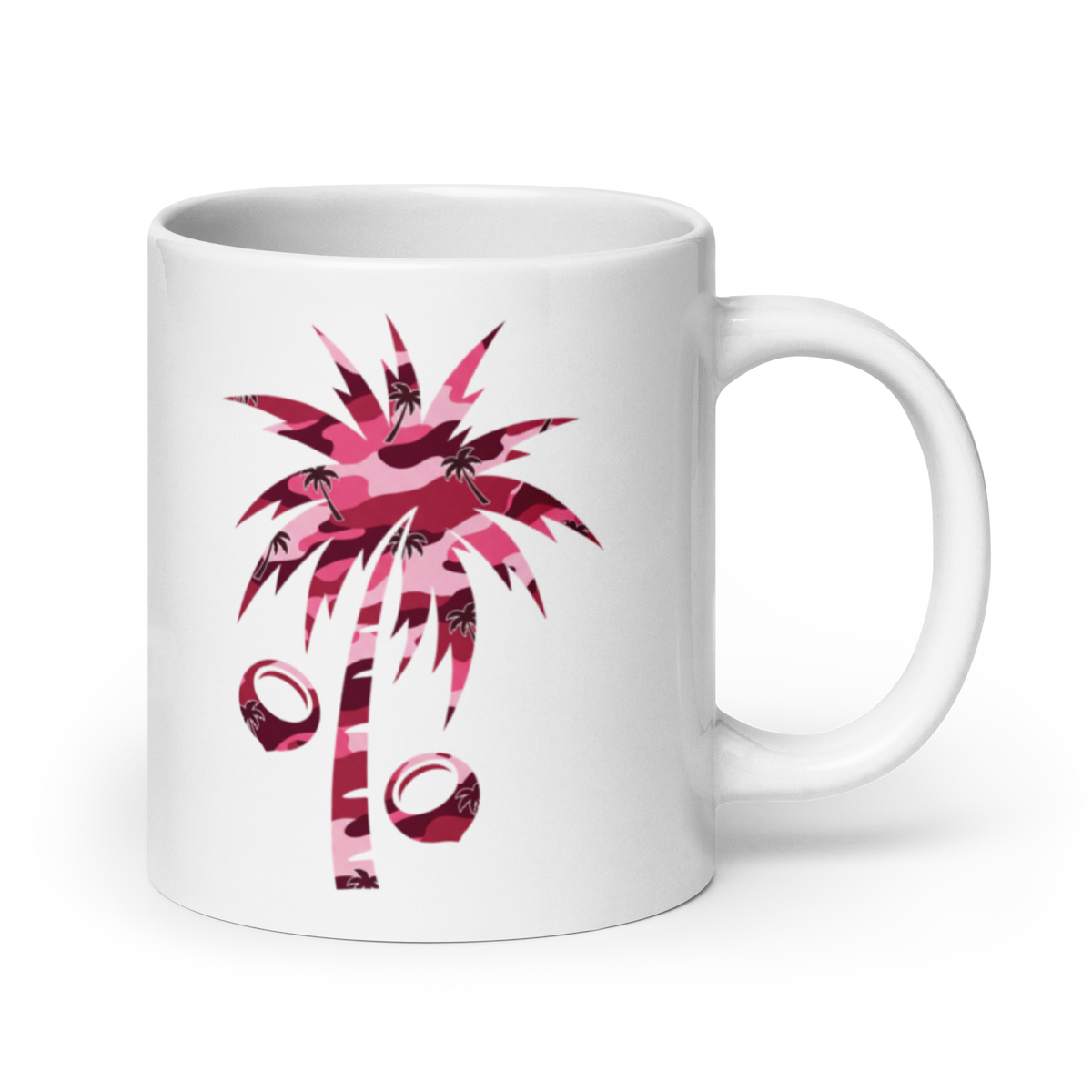A white ceramic mug featuring a pink camouflage palm tree graphic with coconuts and a percentage symbol on the front, set against a plain white background.