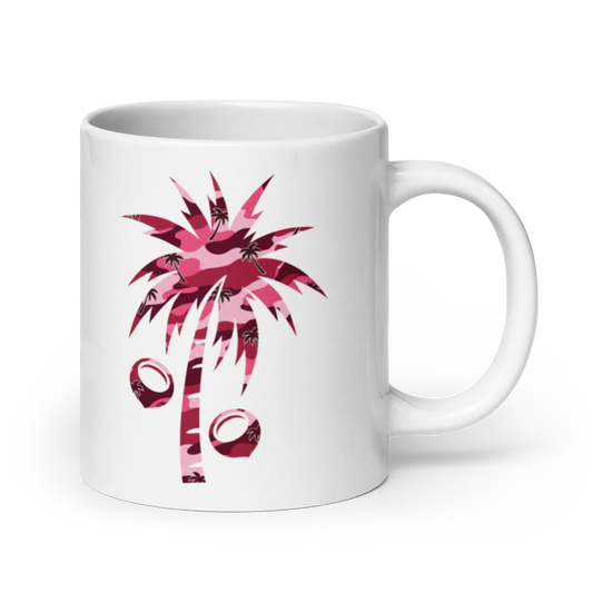 A white ceramic mug featuring a pink camouflage palm tree graphic with coconuts and a percentage symbol on the front, set against a plain white background.