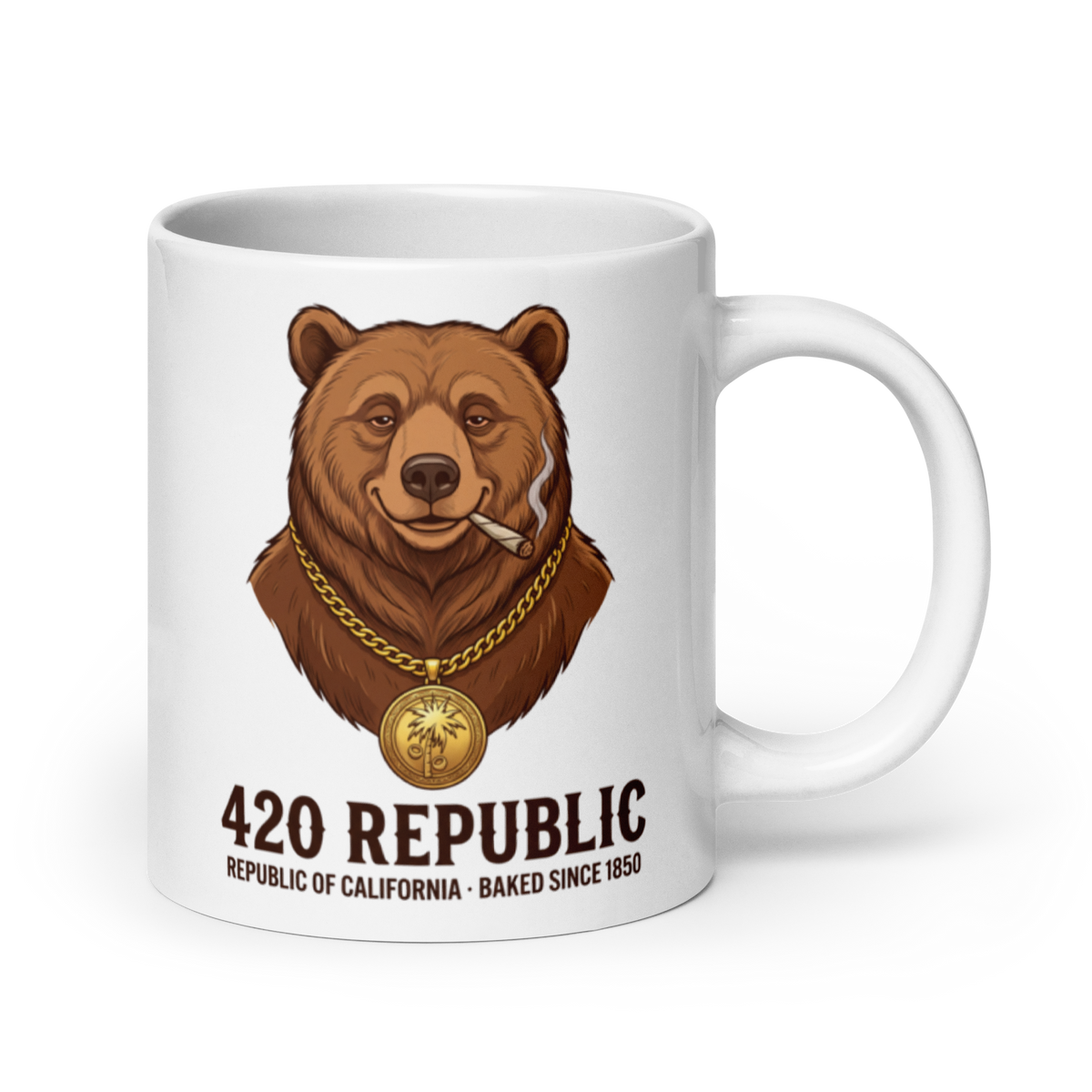 A white ceramic mug featuring a graphic illustration of a brown bear wearing a gold chain and joint, with the text '420 REPUBLIC' and 'REPUBLIC OF CALIFORNIA - BAKED SINCE 1850' printed below.
