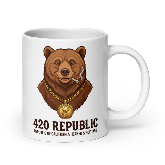 A white ceramic mug featuring a graphic illustration of a brown bear wearing a gold chain and joint, with the text '420 REPUBLIC' and 'REPUBLIC OF CALIFORNIA - BAKED SINCE 1850' printed below.