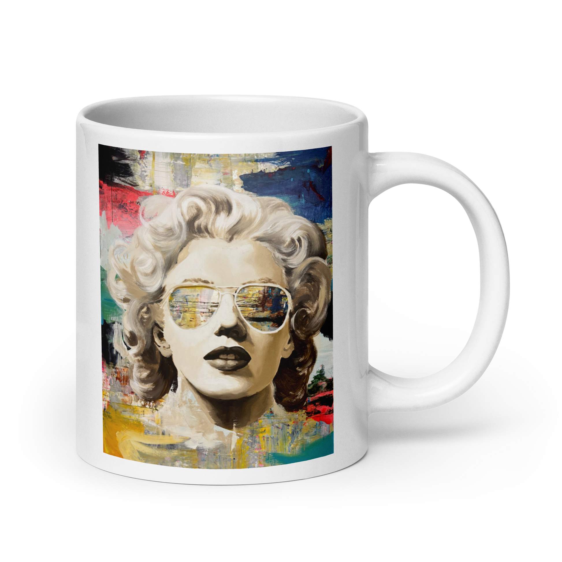 A white ceramic mug featuring a colorful pop-art style portrait of Marilyn Monroe wearing aviator sunglasses, shown on a clean white background. Daniel Maltzman original design.