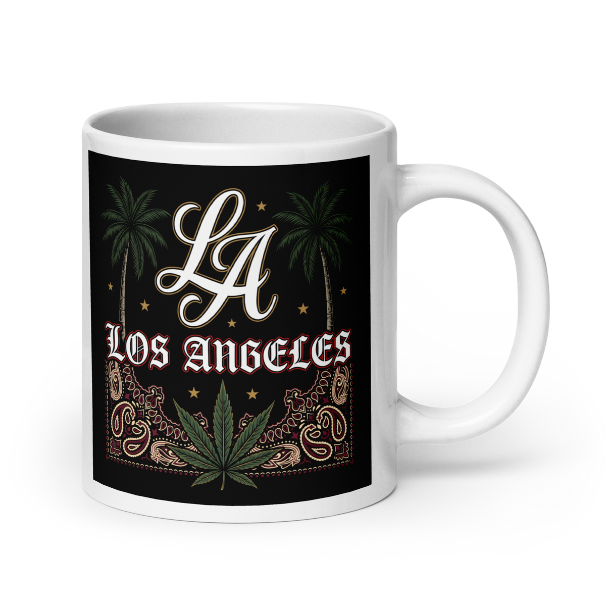 A white ceramic mug featuring a black wraparound graphic design with the text 'LA Los Angeles' in white and red, flanked by palm trees, stars, paisley patterns, and a green cannabis leaf.