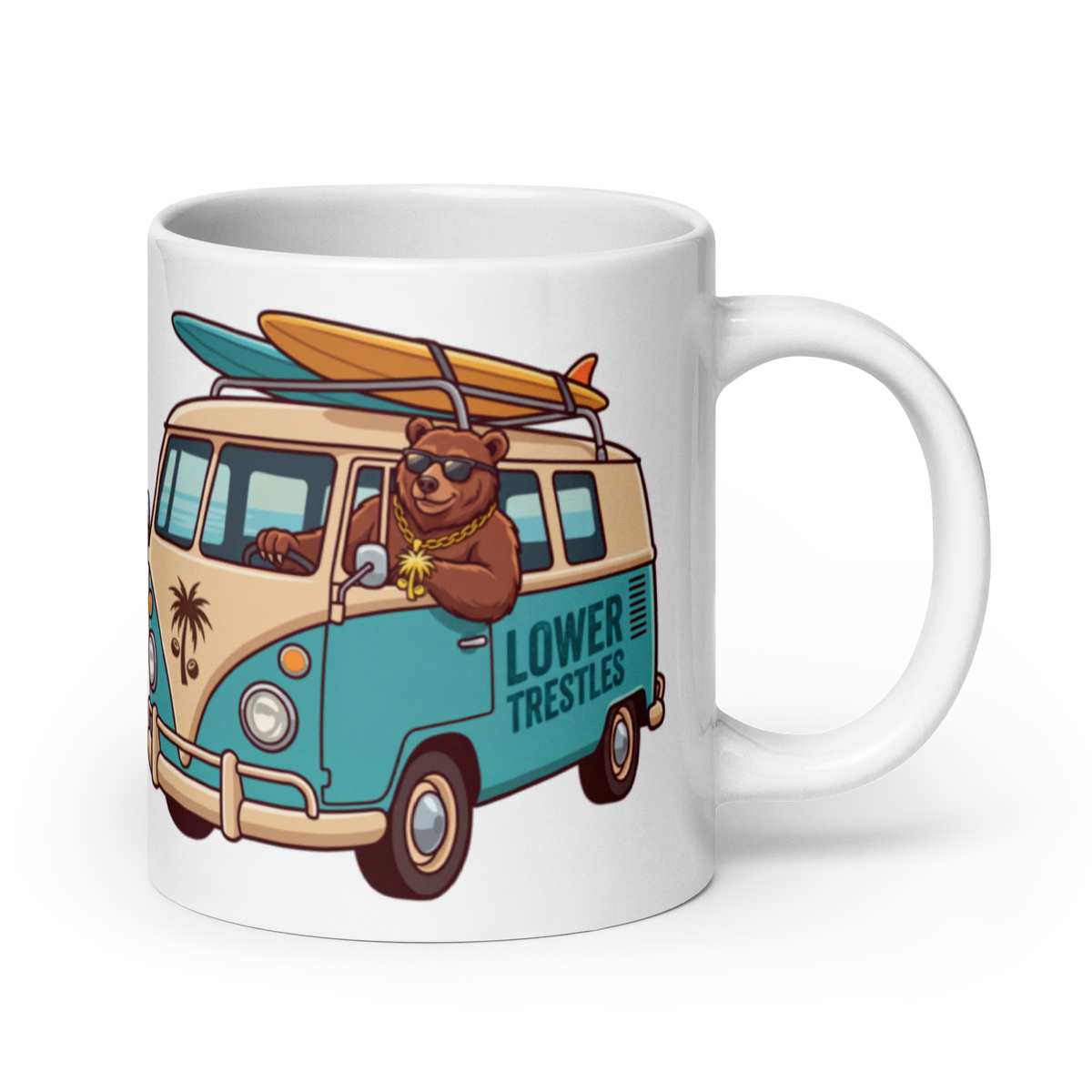 A white ceramic mug featuring a colorful cartoon illustration of a brown bear driving a beige and teal surf van with a surfboard on top. The side of the van reads 'LOWER TRESTLES'.