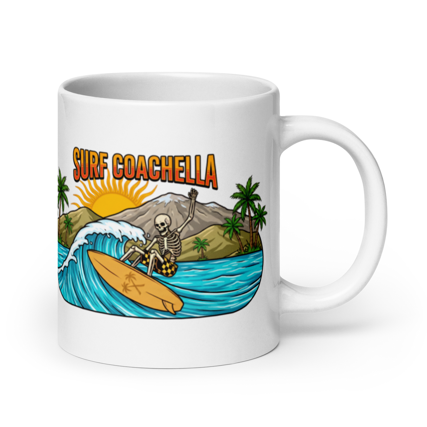 A white ceramic coffee mug featuring a colorful graphic illustration of a skeleton surfer riding a wave with the text 'SURF COACHELLA' above it, shown on a clean white background.
