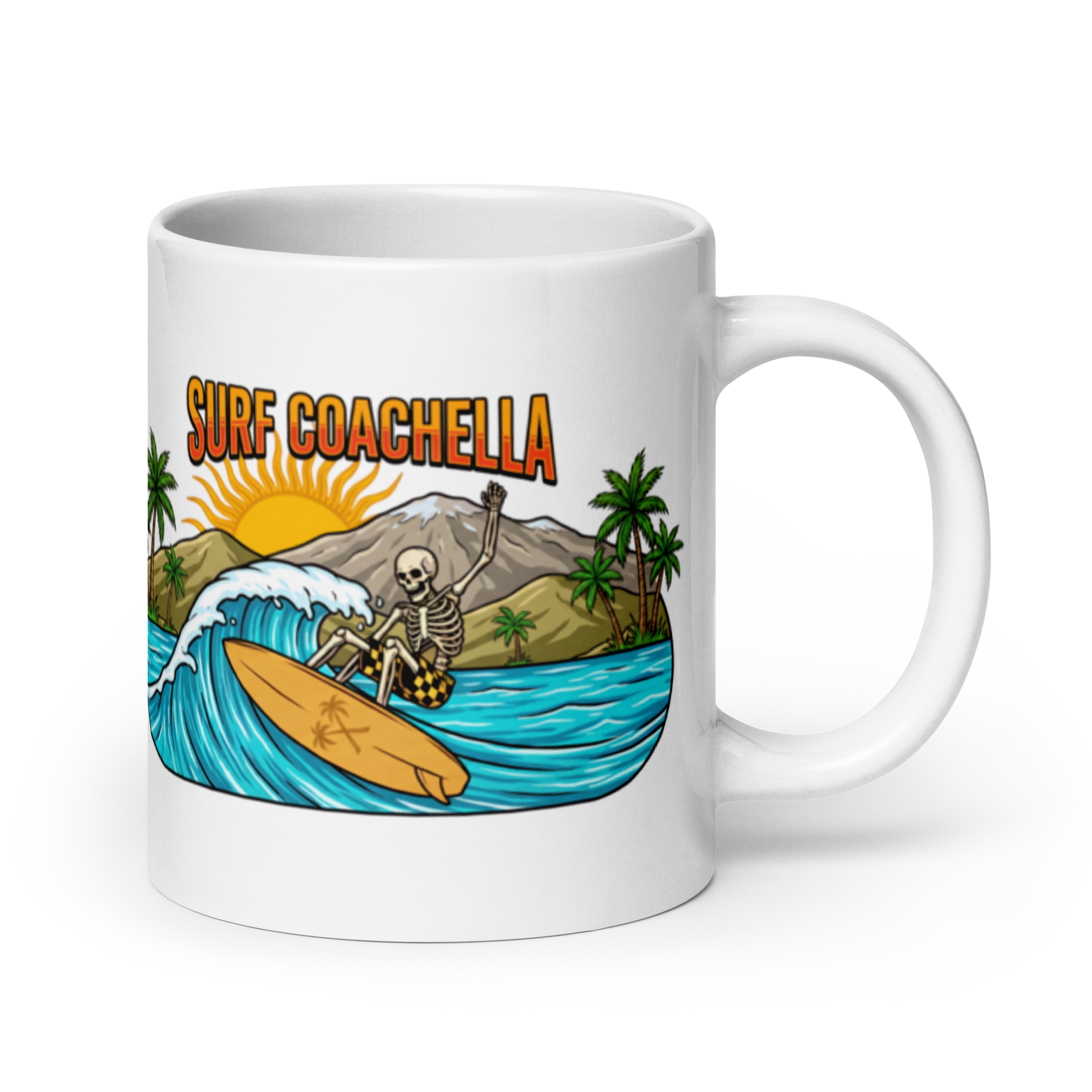 A white ceramic coffee mug featuring a colorful graphic illustration of a skeleton surfer riding a wave with the text 'SURF COACHELLA' above it, shown on a clean white background.