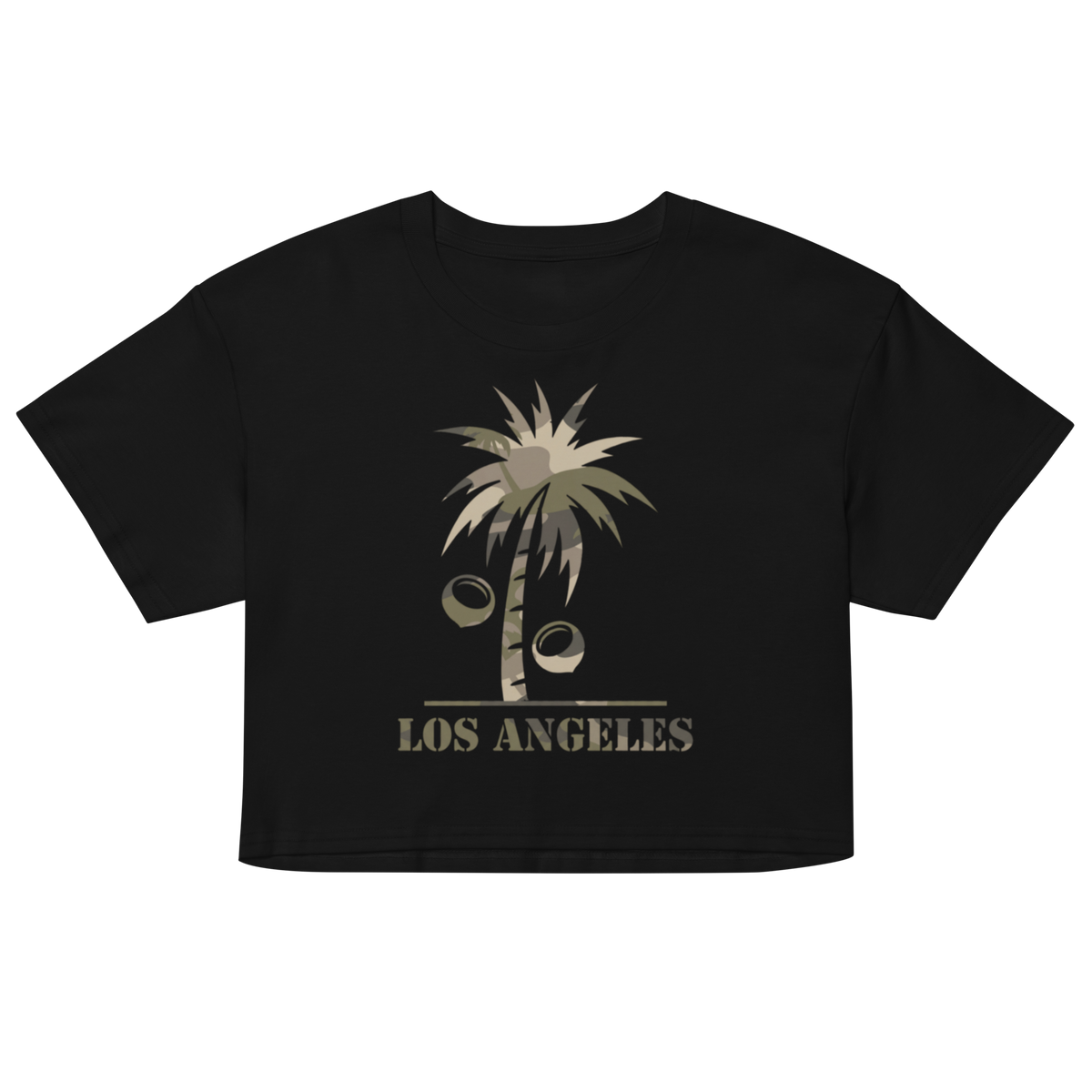 A black short-sleeve cropped t-shirt featuring a distressed graphic of a palm tree with coconuts and the text 'LOS ANGELES' in a muted olive-beige color, displayed on a solid white background.