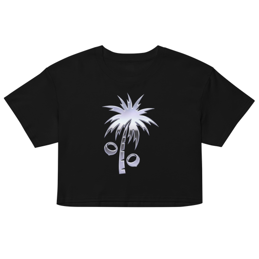 A black short-sleeve crop top t-shirt featuring a stylized silver palm tree graphic with coconuts on the front in chrome y2k style.