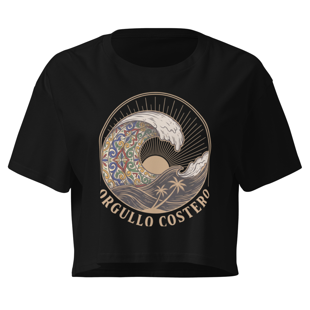 A black short-sleeve crop top t-shirt featuring a large graphic print of a stylized wave with a mandala pattern, a sun, palm trees, and the text 'ORGULLO COSTERO' in beige and gold tones.