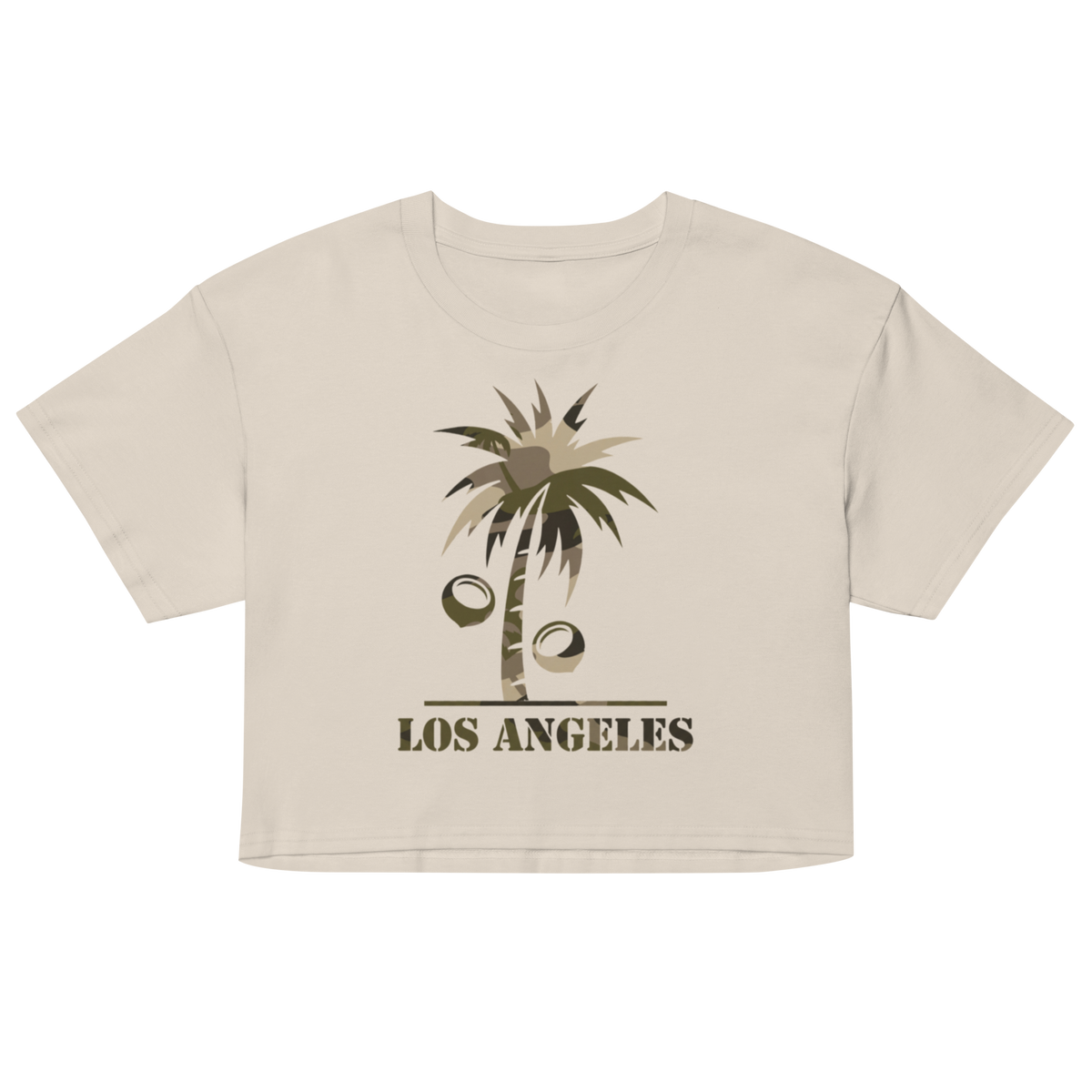 A beige short-sleeve crop top t-shirt featuring a graphic of a palm tree with coconuts and the text 'LOS ANGELES' printed below it, displayed on a solid white background.