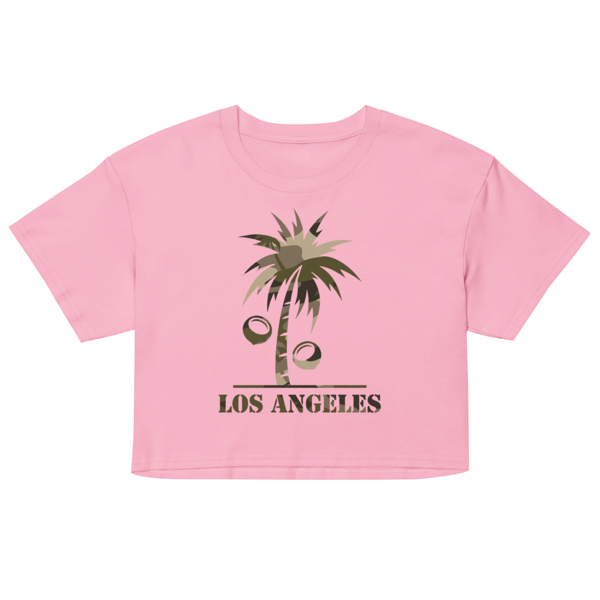 A pink short-sleeve crop top t-shirt featuring a graphic of a palm tree with coconuts and the text 'LOS ANGELES' printed below it, displayed on a clean white background.