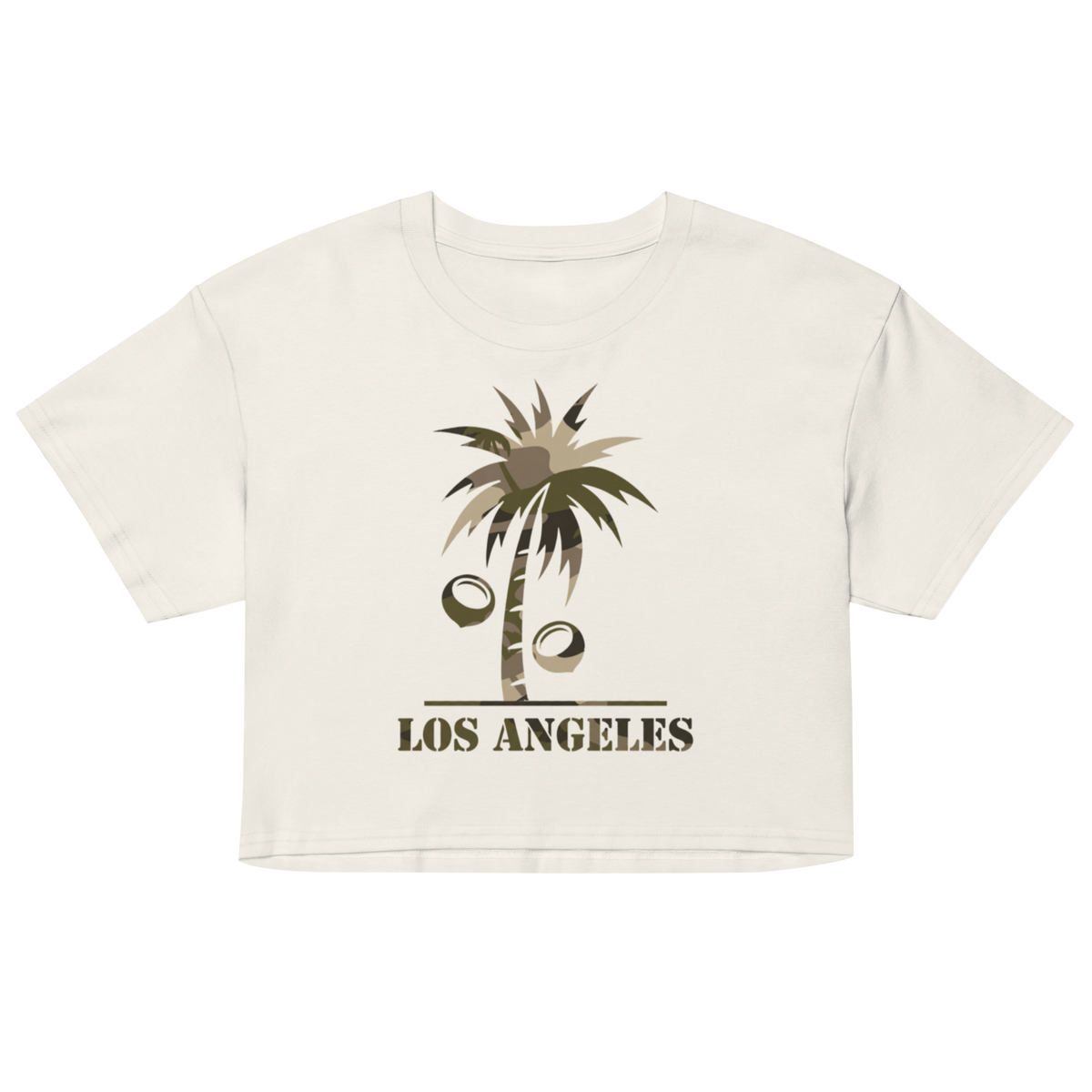 An off-white cropped t-shirt featuring a graphic of a palm tree with coconuts and the text 'LOS ANGELES' printed below it in a dark olive green color.