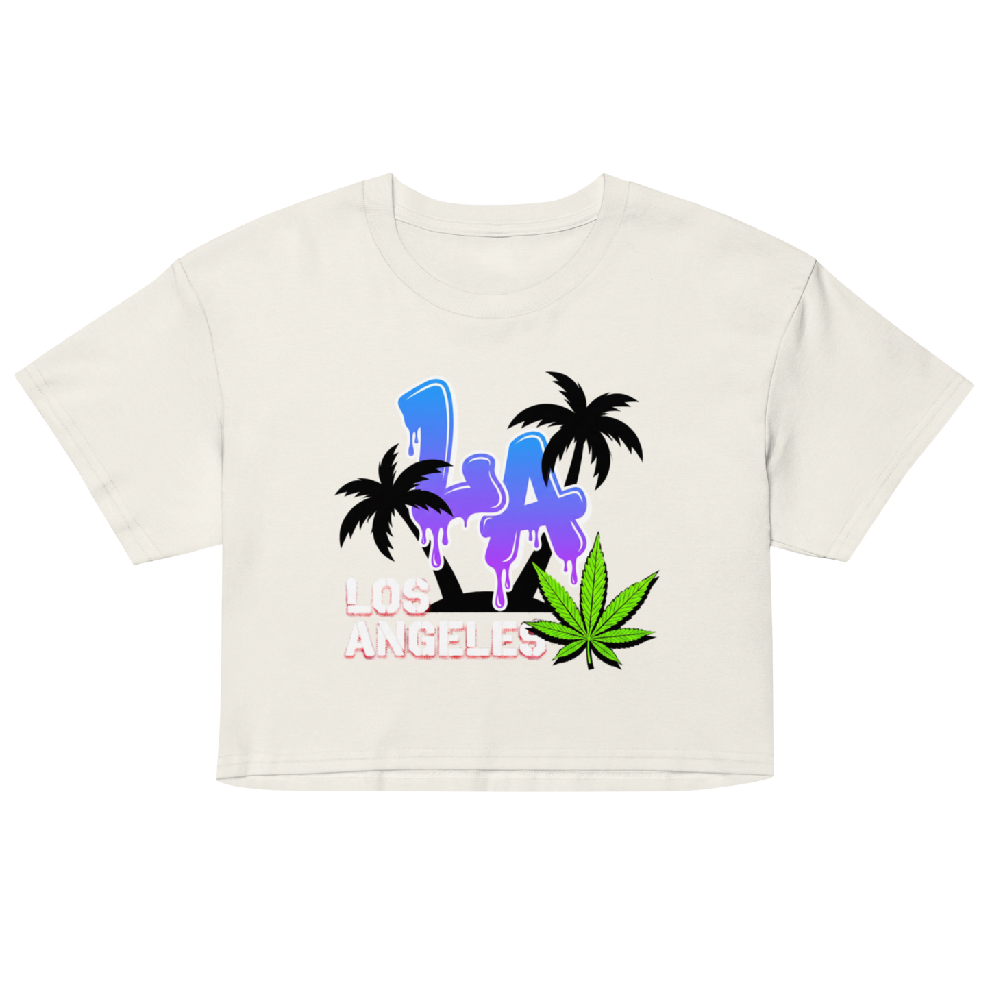 An off-white cropped short-sleeve t-shirt featuring a colorful graphic print on the front with the text 'LA LOS ANGELES', black palm trees, a blue-to-purple gradient 'LA', and a green cannabis leaf.