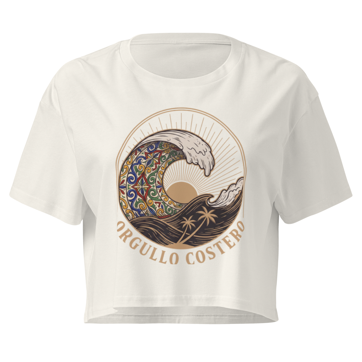 An off-white cropped short-sleeve t-shirt featuring a circular graphic print of a stylized wave with a colorful mandala pattern, a sun, palm trees, and the text 'ORGULLO COSTERO' printed below in tan.