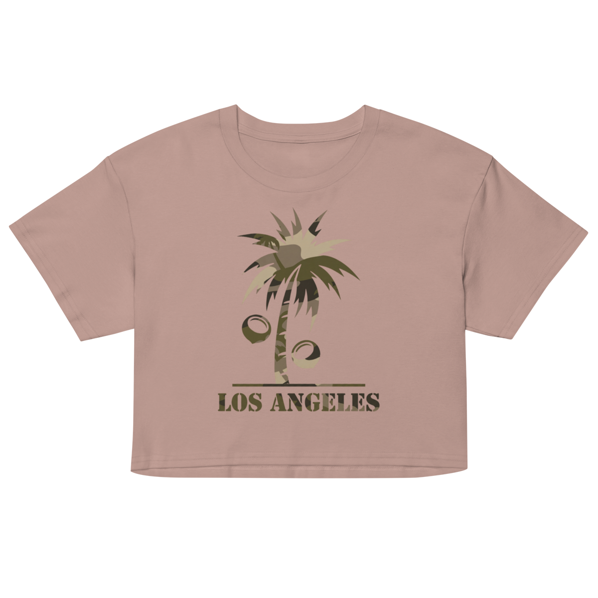 A cropped short-sleeve t-shirt in a dusty rose pink color, featuring a graphic of a palm tree with coconuts and the text 'LOS ANGELES' printed in a distressed dark green font below it.