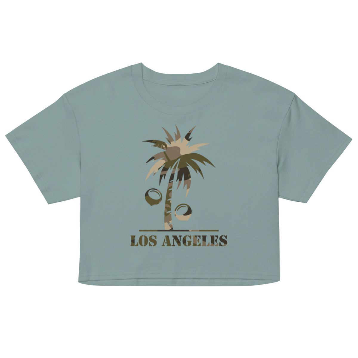 A cropped short-sleeve t-shirt in a dusty sage green color, featuring a graphic of a palm tree with coconuts and the text 'LOS ANGELES' printed below it.