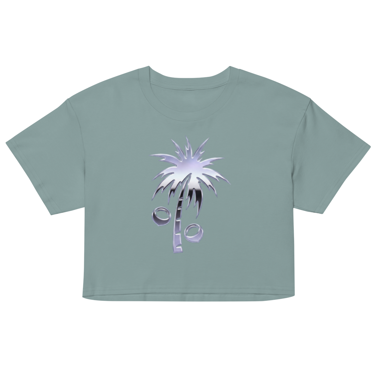 A sage green short-sleeve crop top featuring a stylized graphic of a palm tree with coconuts on the front in y2k style, displayed against a solid white background.