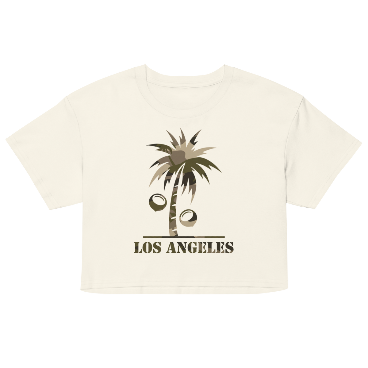 An off-white cropped t-shirt featuring a graphic of a palm tree with coconuts and the text 'LOS ANGELES' printed below it in a dark olive-brown color.