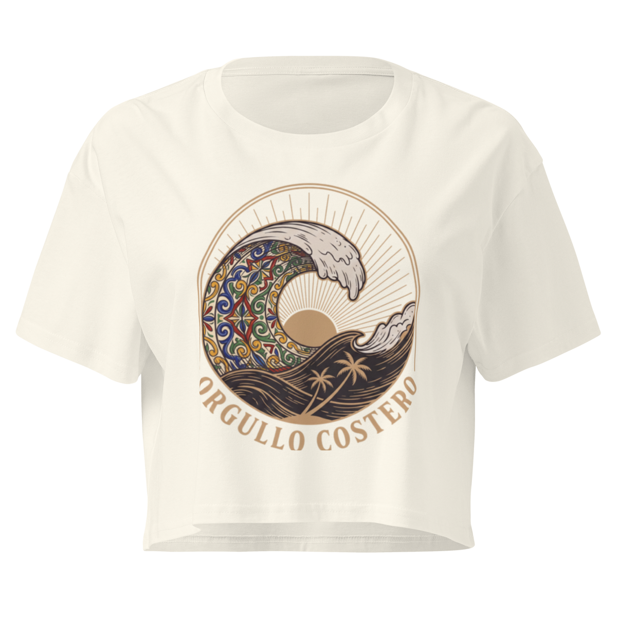 An off-white cropped t-shirt featuring a large graphic print of a stylized wave with a colorful mandala pattern, a sun, palm trees, and the text 'ORGULLO COSTERO' printed below.