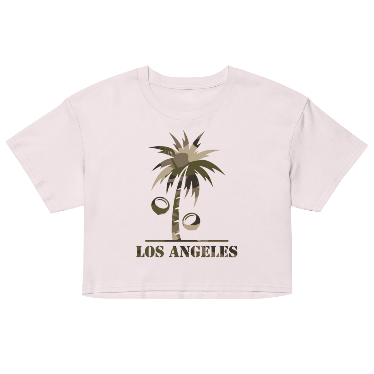 An off-white cropped t-shirt featuring a graphic of a palm tree with coconuts and the text 'LOS ANGELES' printed below it in a dark olive green color.