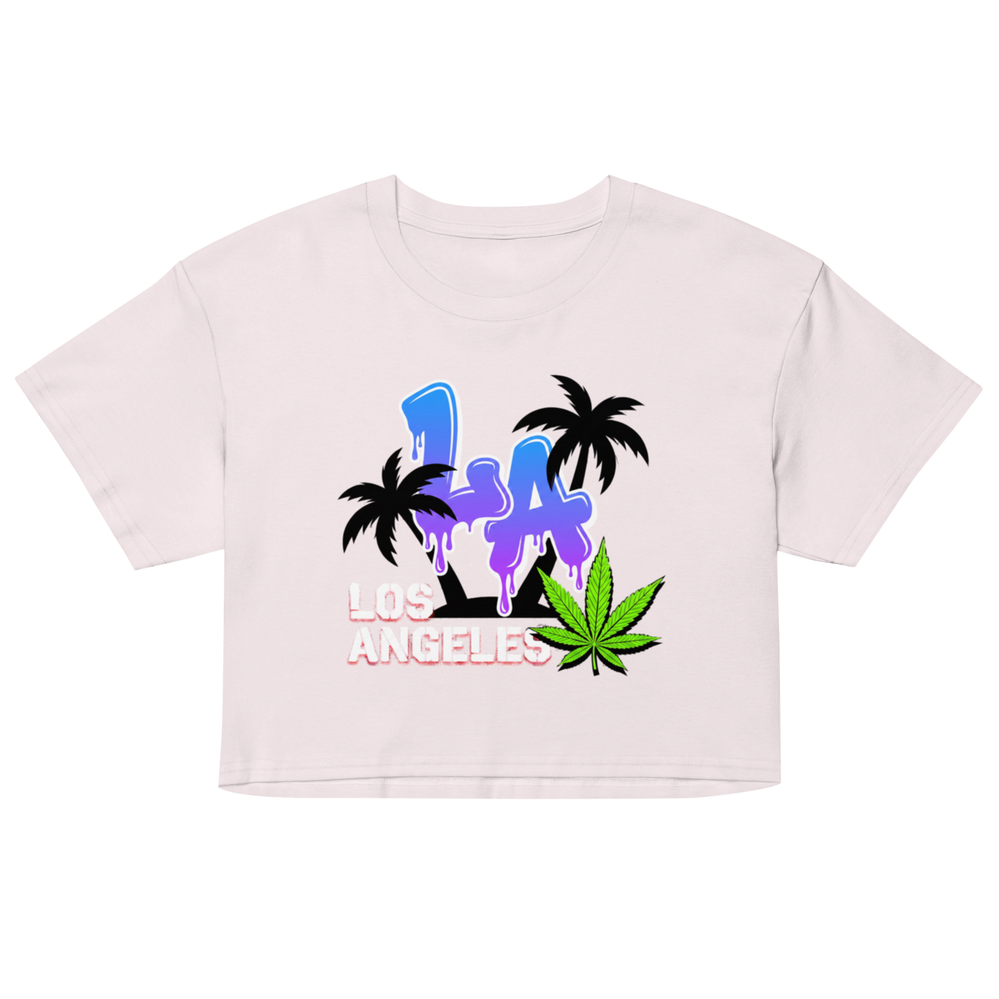 A light pink short-sleeve crop top featuring a colorful graphic print of the number 14, palm trees, 'LOS ANGELES' text, and a green cannabis leaf on a solid white background.