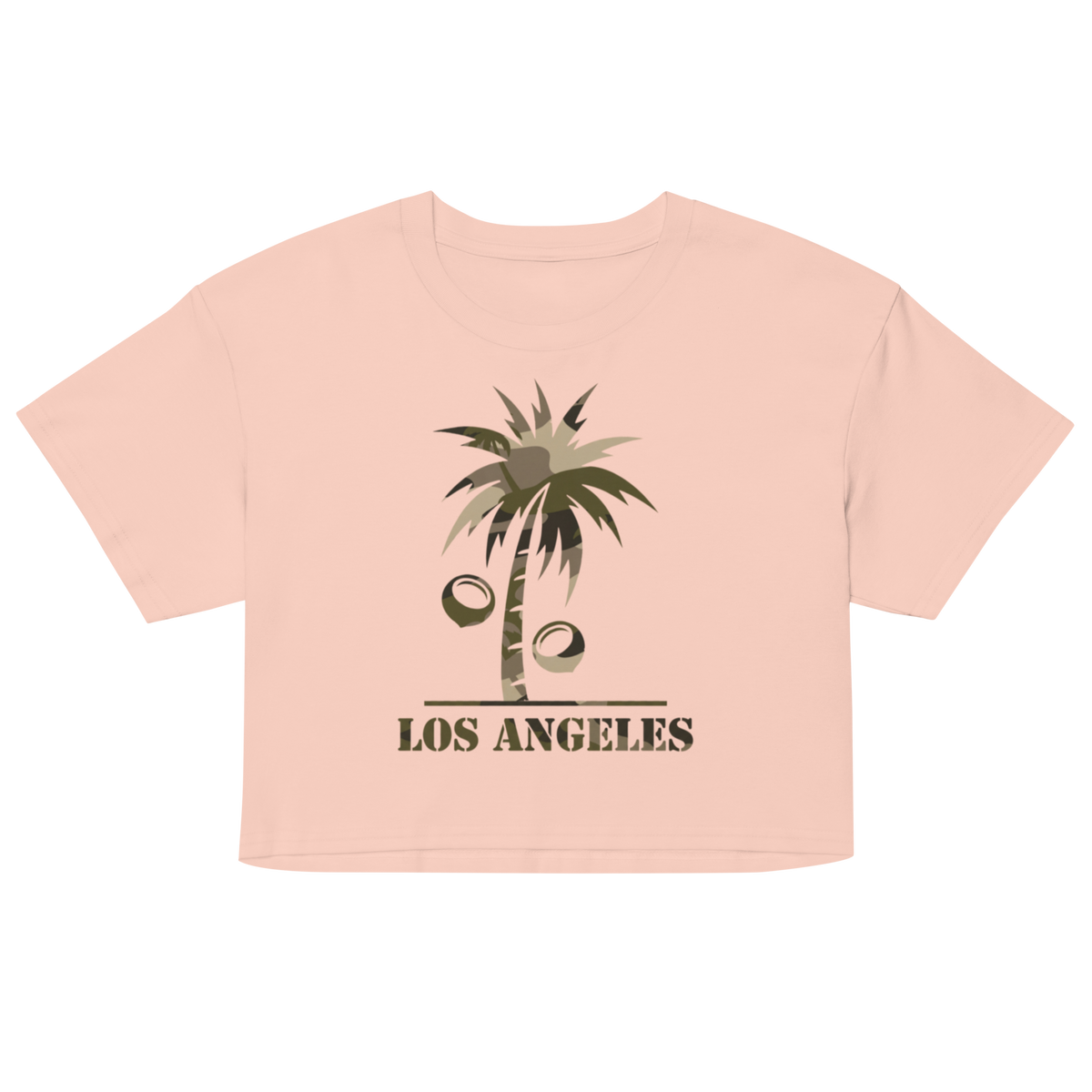 A light peach-pink short-sleeve crop top featuring a graphic of a palm tree with coconuts and the text 'LOS ANGELES' printed below.