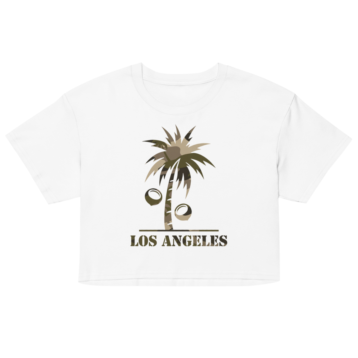 A white cropped short-sleeve t-shirt featuring a graphic of a palm tree with coconuts and the text 'LOS ANGELES' printed below it in olive green and brown tones.
