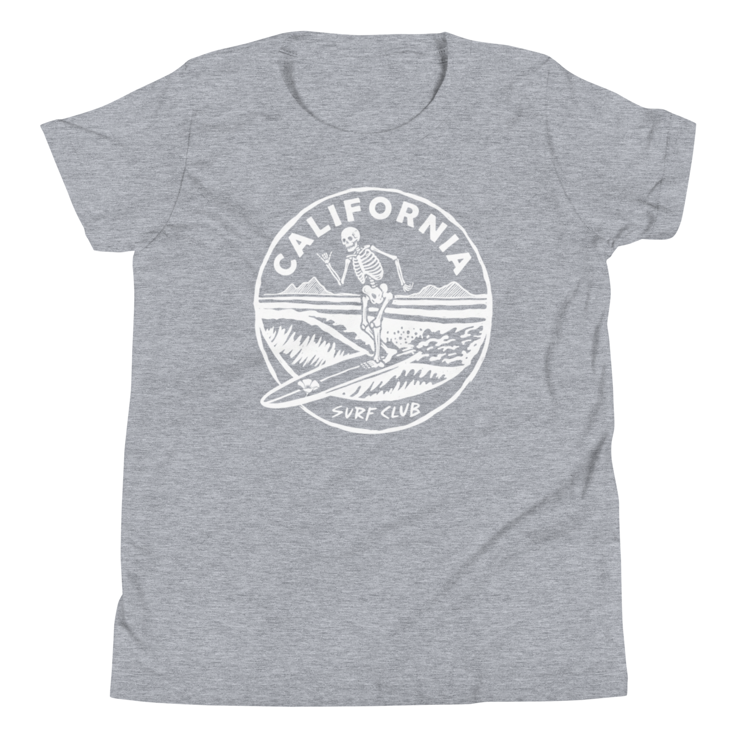A heather gray short-sleeve t-shirt with a white circular graphic on the chest depicting a skeleton surfer and the text 'CALIFORNIA SURF CLUB'.