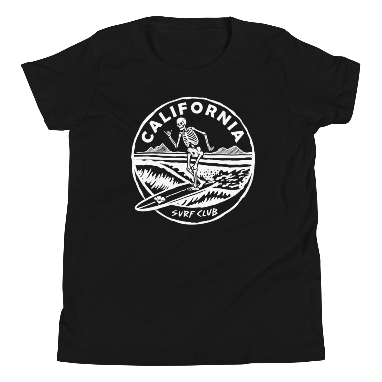 A black short-sleeve crewneck t-shirt featuring a white circular graphic print on the chest with a skeleton surfing, the word 'CALIFORNIA', and 'SURF CLUB'.