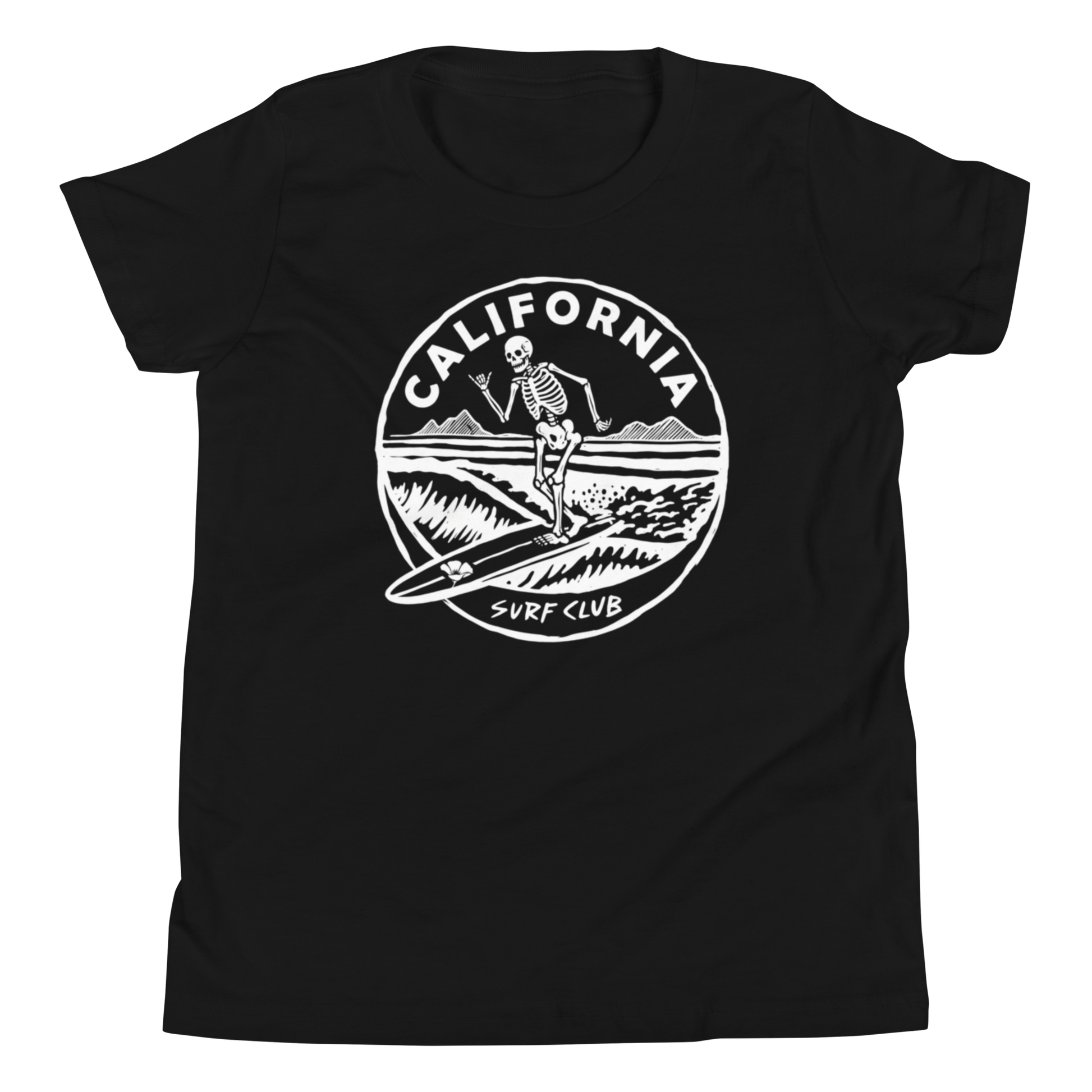 A black short-sleeve crewneck t-shirt featuring a white circular graphic print on the chest with a skeleton surfing, the word 'CALIFORNIA', and 'SURF CLUB'.