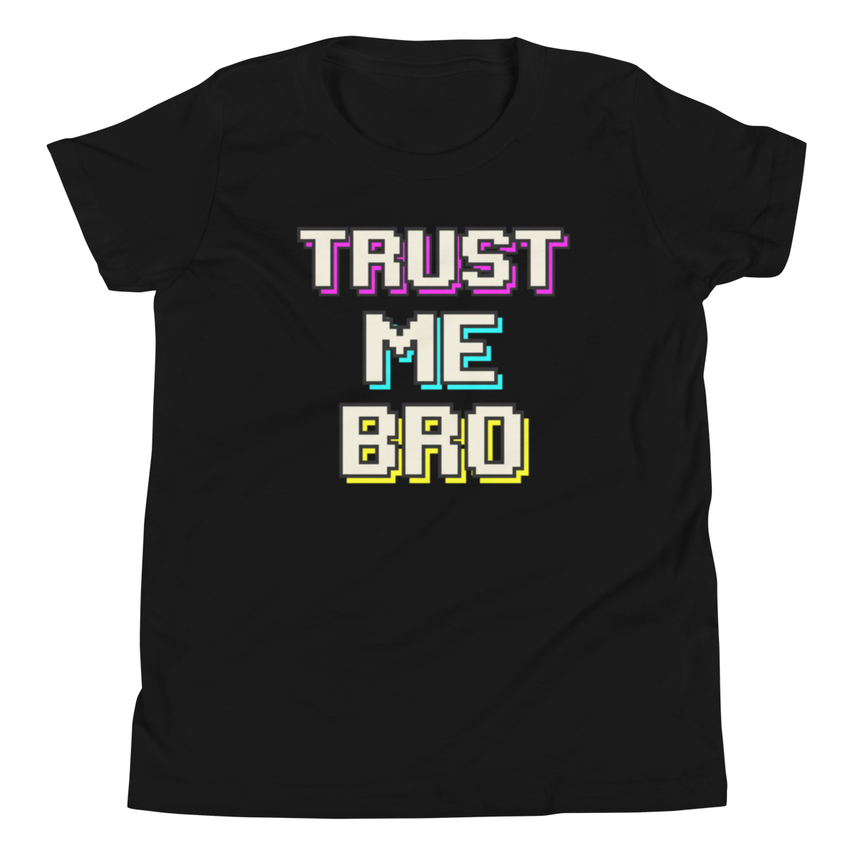 A black short-sleeve crewneck t-shirt featuring a retro 8-bit pixelated graphic on the chest that reads 'TRUST ME BAD' in white, purple, cyan, and yellow colors, displayed on a solid white background.