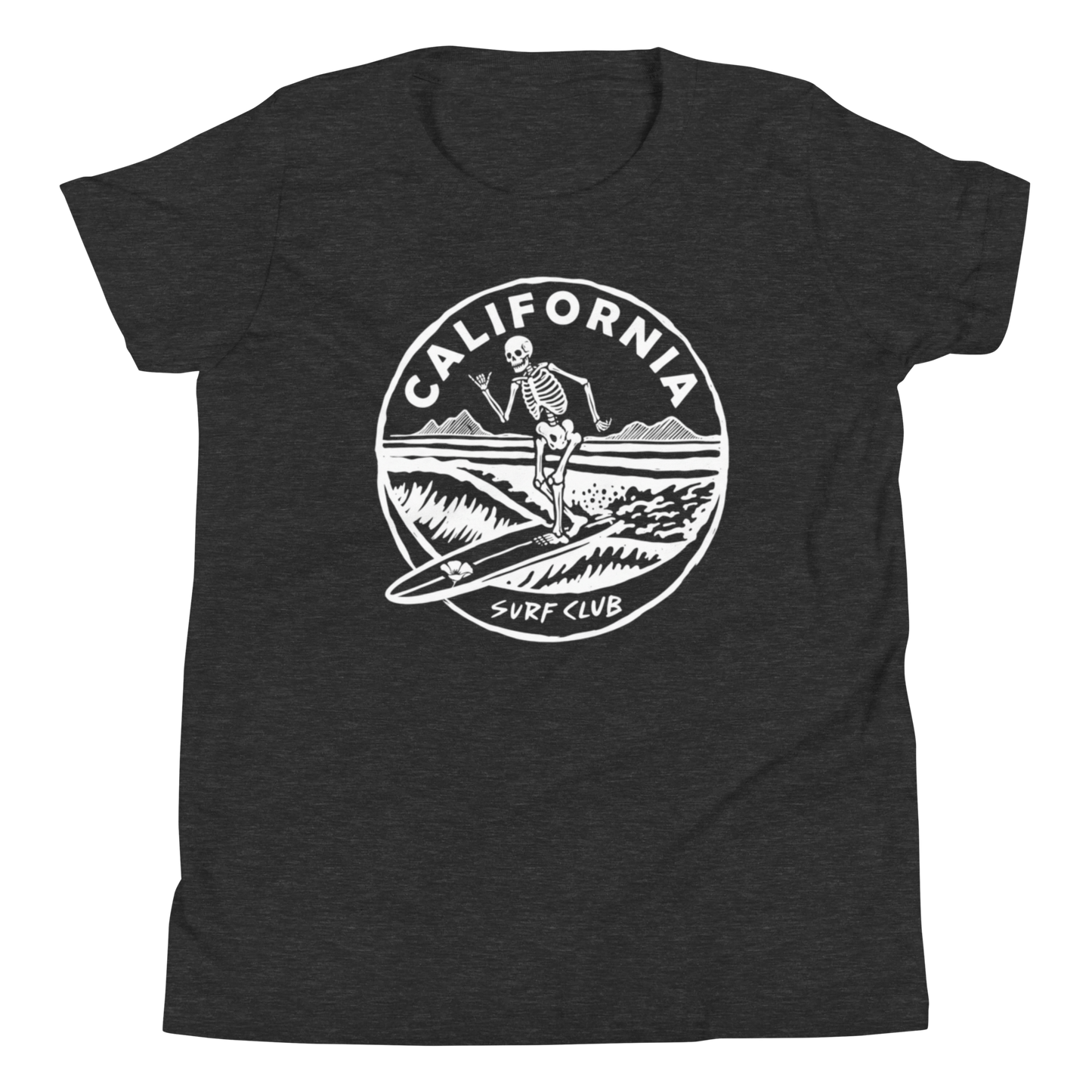 A dark heather gray short-sleeve t-shirt with a white circular graphic on the chest featuring a skeleton surfer and the text 'CALIFORNIA SURF CLUB'.
