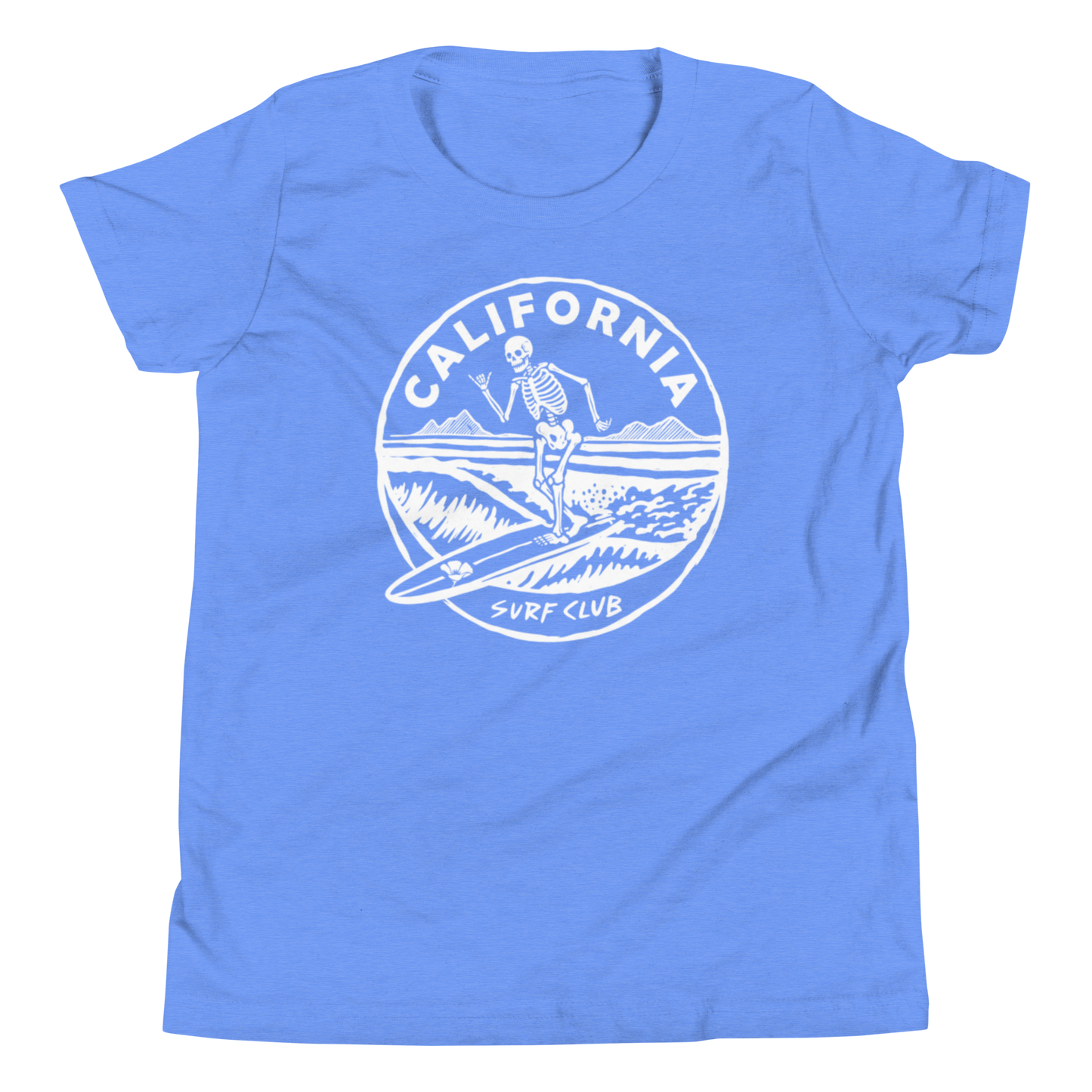 A heather blue short-sleeve t-shirt with a white circular graphic on the chest featuring a skeleton surfer and the text 'CALIFORNIA SURF CLUB'.