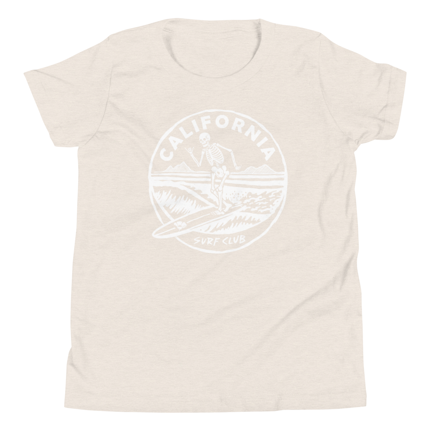 White t-shirt with a graphic design on a white background