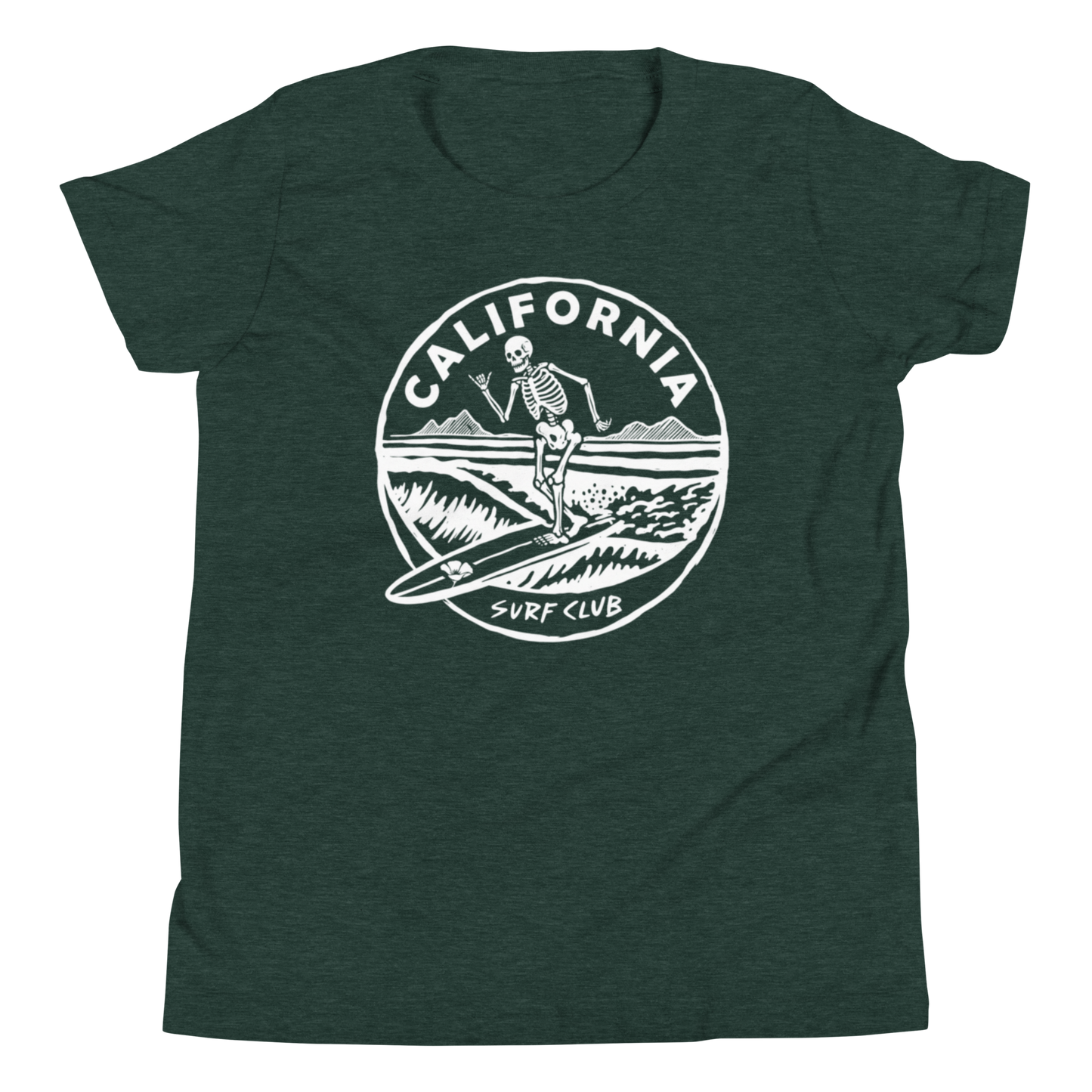 A dark heather green short-sleeve t-shirt with a white circular graphic on the chest featuring a skeleton surfer and the text 'CALIFORNIA SURF CLUB'.