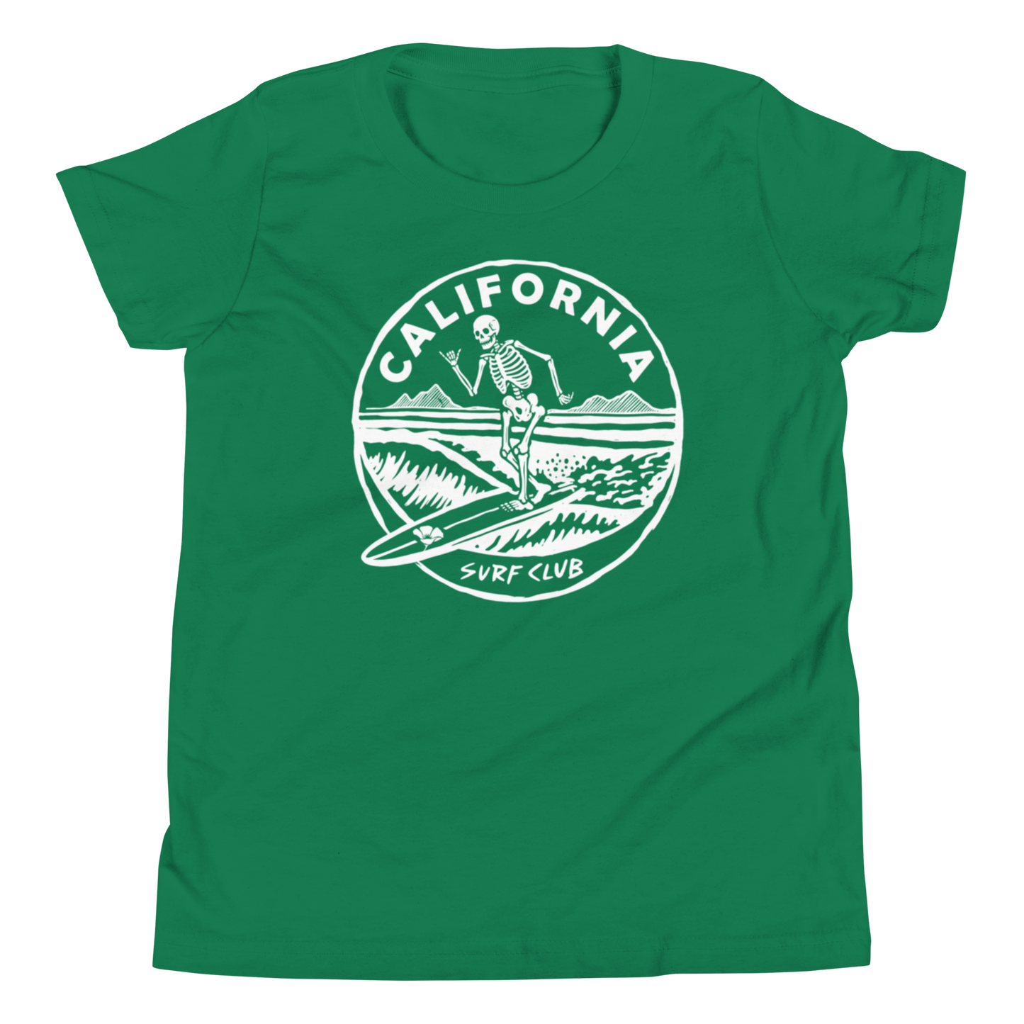 A green short-sleeve crewneck t-shirt featuring a white circular graphic on the chest with a skeleton surfing, the word 'CALIFORNIA', and 'SURF CLUB'.