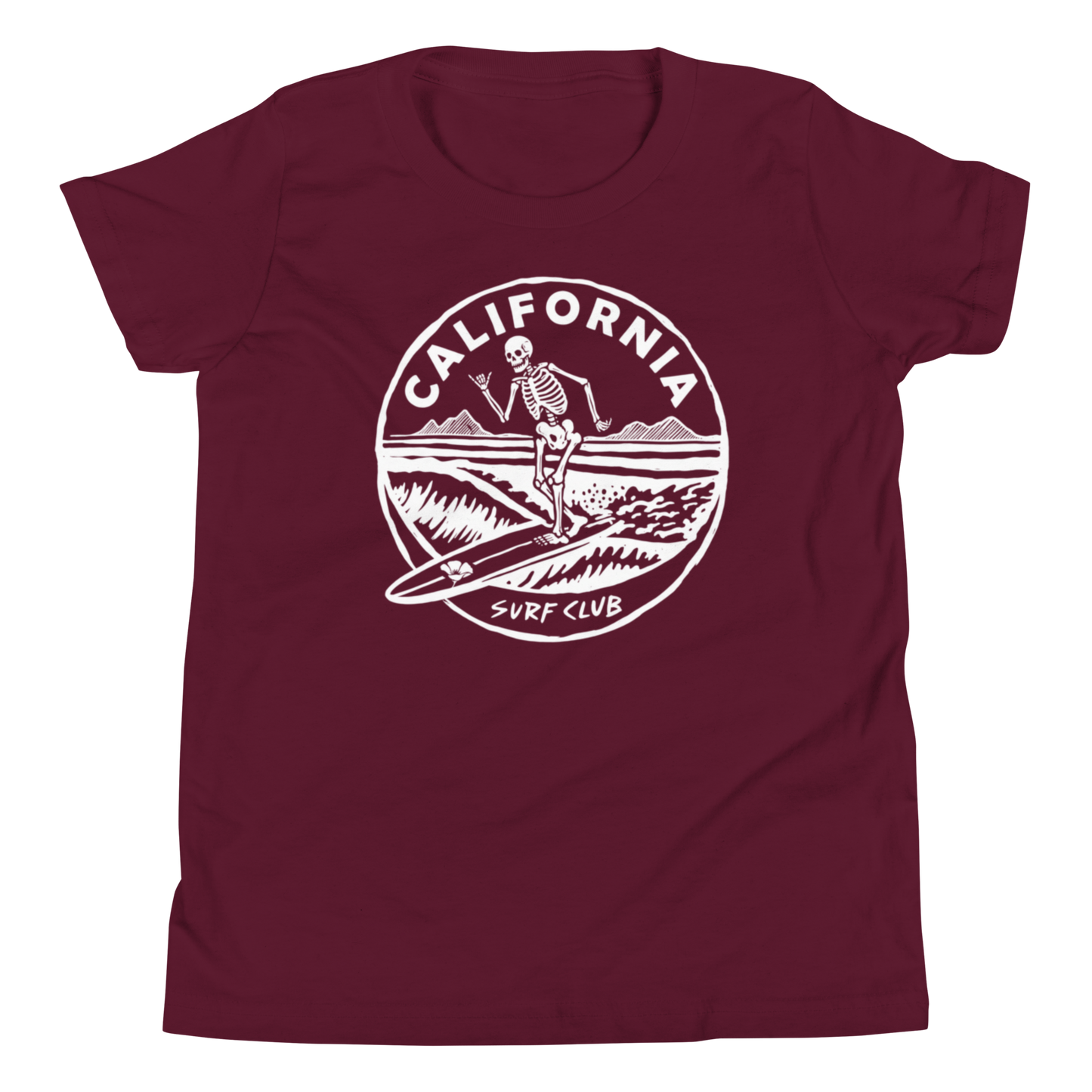 A maroon short-sleeve crewneck t-shirt featuring a white circular graphic print on the chest with a skeleton surfing and the text 'CALIFORNIA SURF CLUB'.